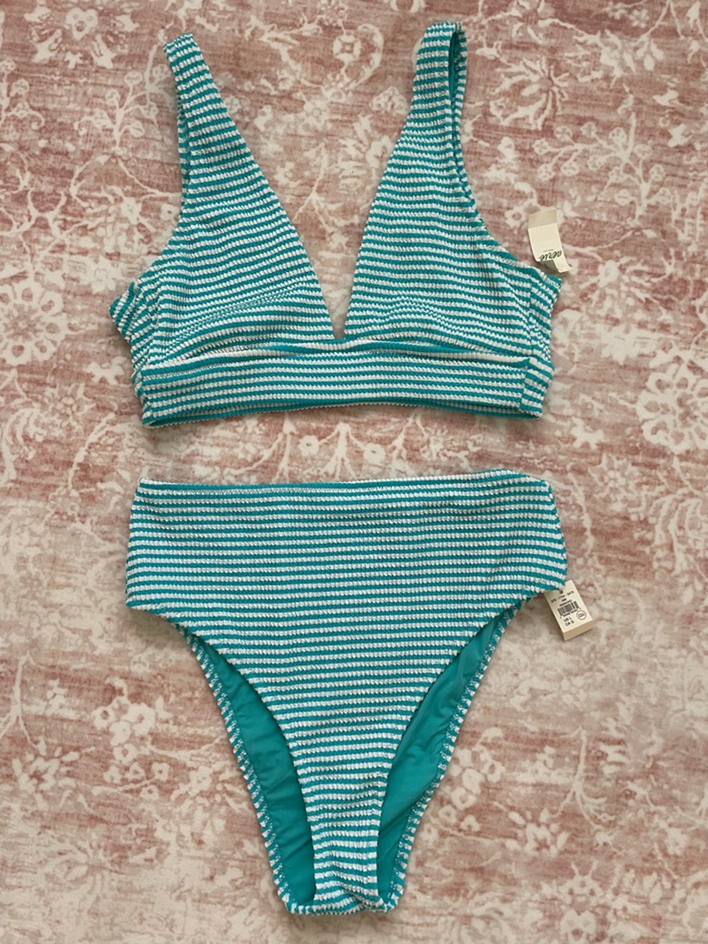 Striped Teal and White Two-Piece Bikini Set - Aerie - L